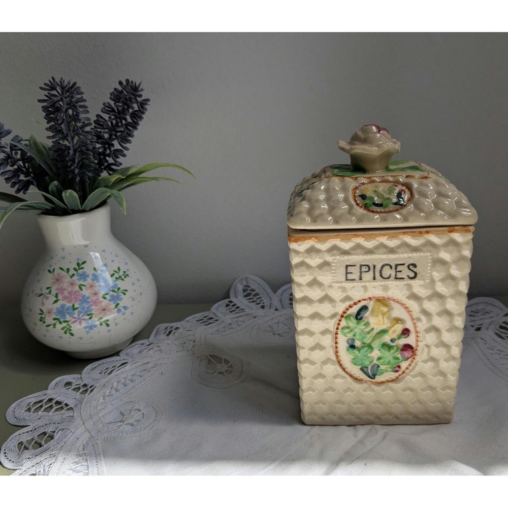 Vintage Japanese Ceramic Spice Jar | EPICES Canister With Floral Lid